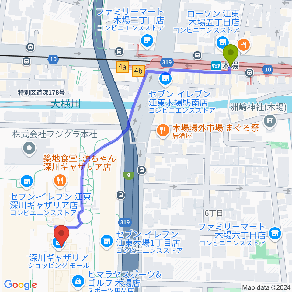 109シネマズ木場の最寄駅木場駅からの徒歩ルート（約7分）地図