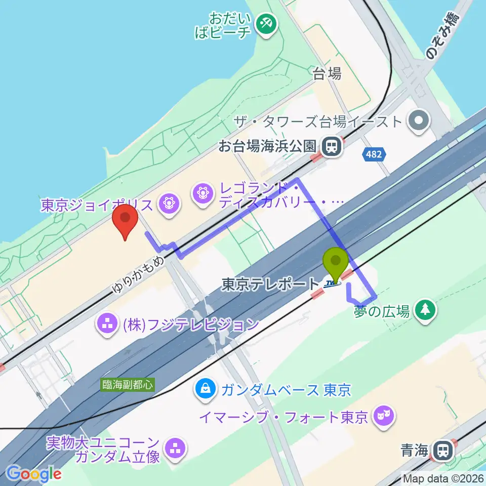 東京テレポート駅からユナイテッド シネマ アクアシティお台場へのルートマップ Mdata