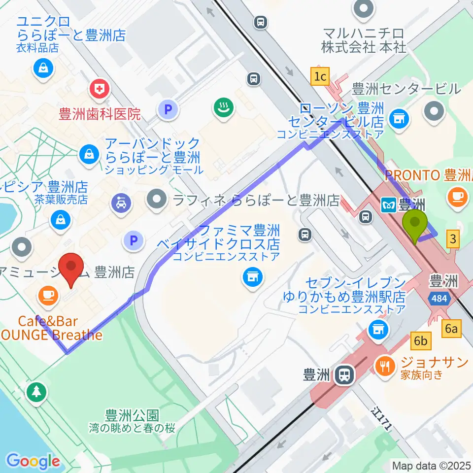 ユナイテッド・シネマ豊洲の最寄駅豊洲駅からの徒歩ルート（約6分）地図