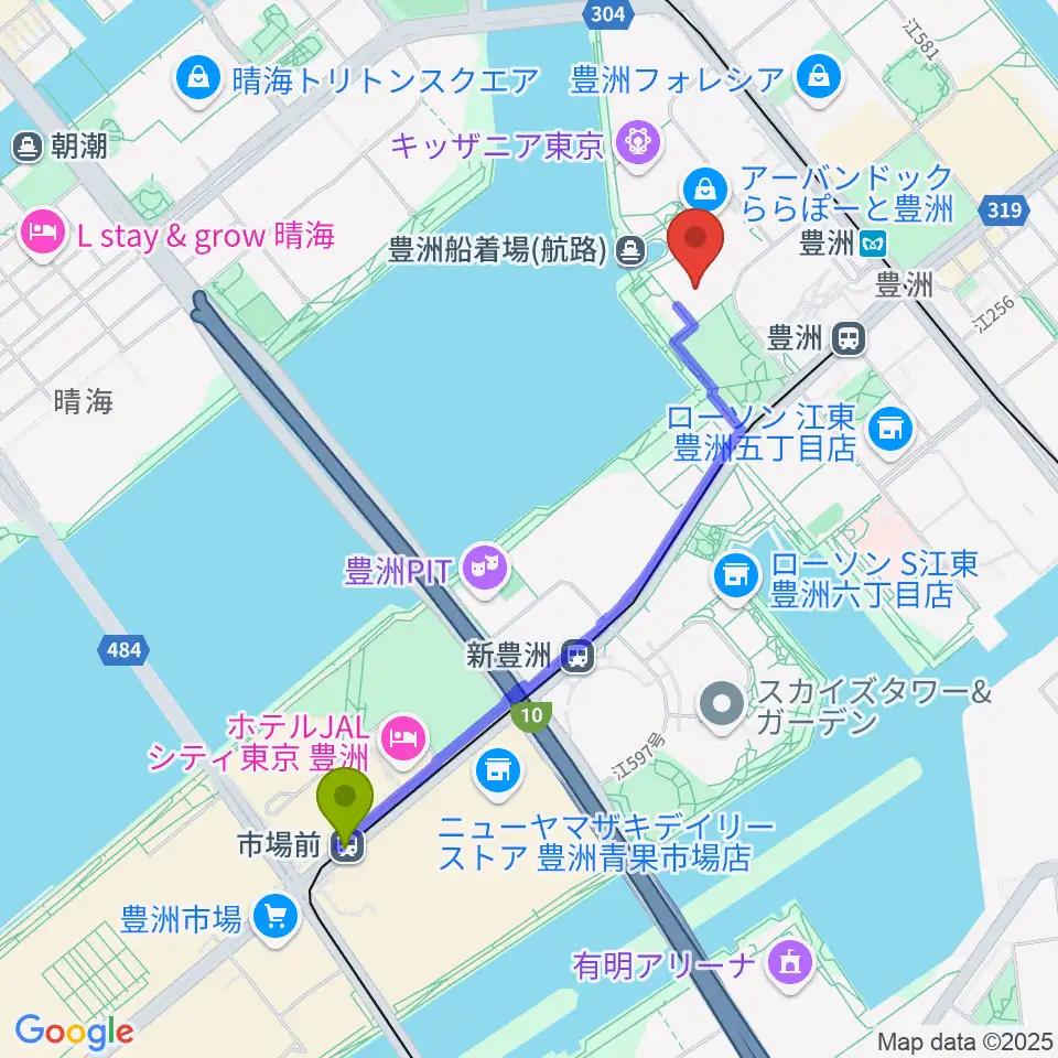 市場前駅からユナイテッド・シネマ豊洲へのルートマップ地図