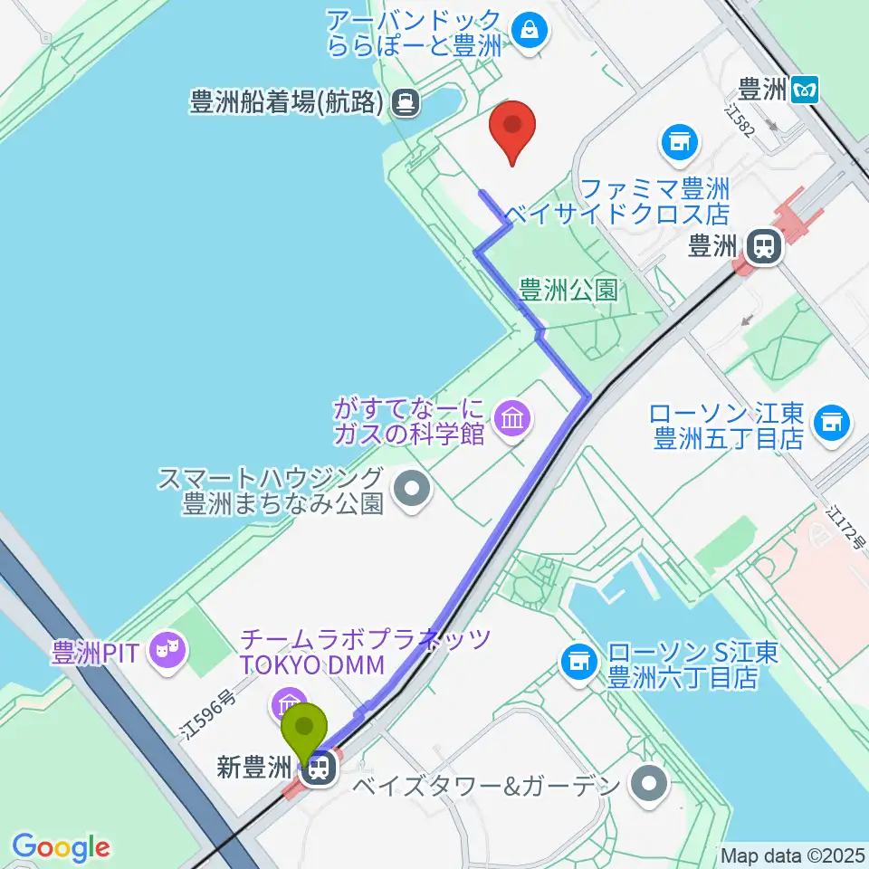 新豊洲駅からユナイテッド・シネマ豊洲へのルートマップ地図