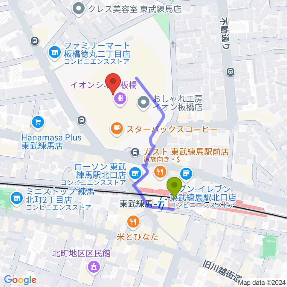 イオンシネマ板橋の最寄駅東武練馬駅からの徒歩ルート（約3分）地図