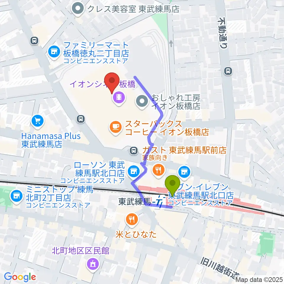 イオンシネマ板橋の最寄駅東武練馬駅からの徒歩ルート（約3分）地図