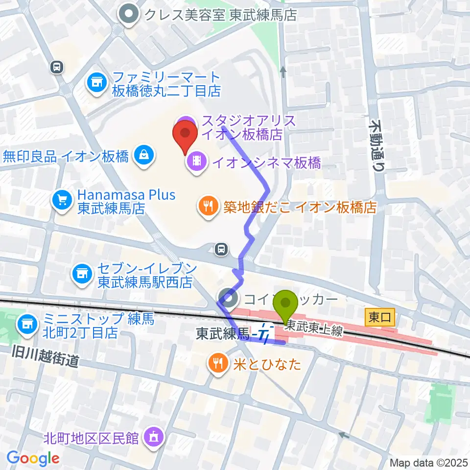 イオンシネマ板橋の最寄駅東武練馬駅からの徒歩ルート（約3分）地図
