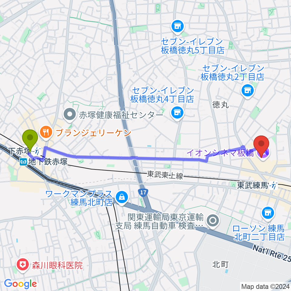 下赤塚駅からイオンシネマ板橋へのルートマップ地図