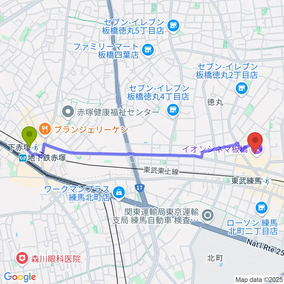 下赤塚駅からイオンシネマ板橋へのルートマップ地図