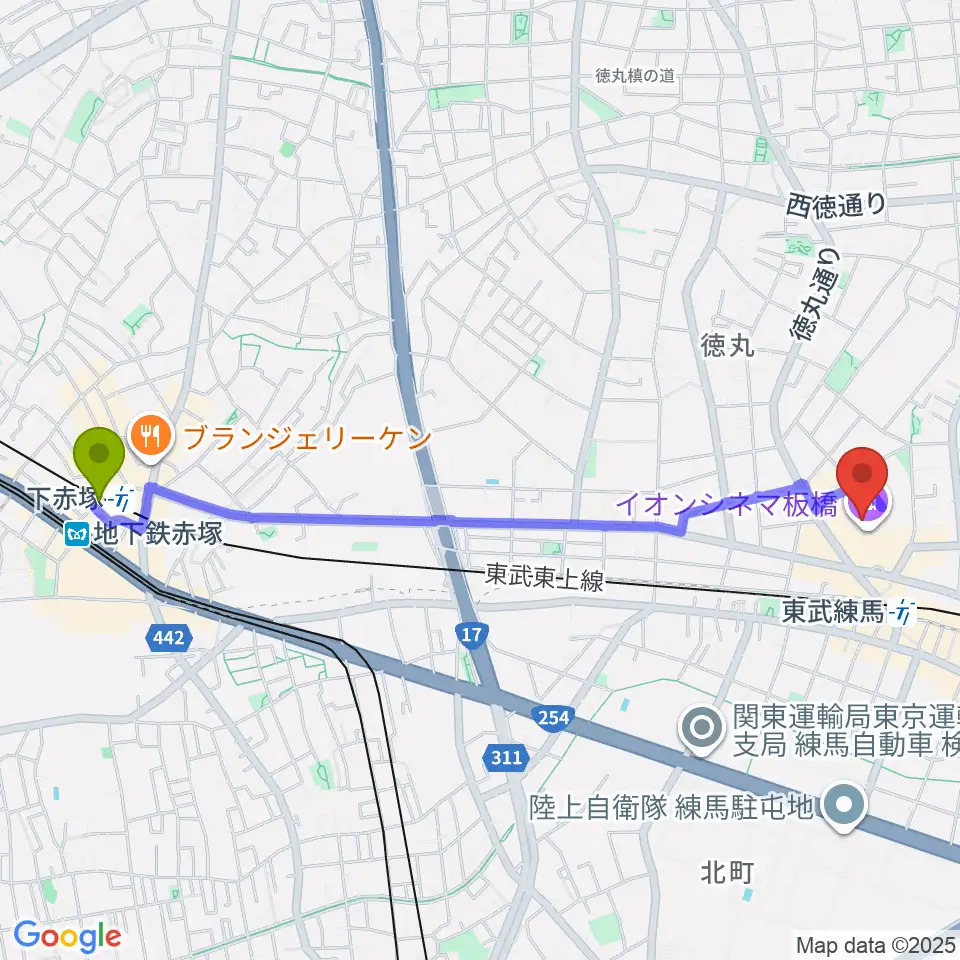 下赤塚駅からイオンシネマ板橋へのルートマップ地図