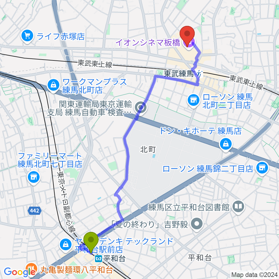 平和台駅からイオンシネマ板橋へのルートマップ地図