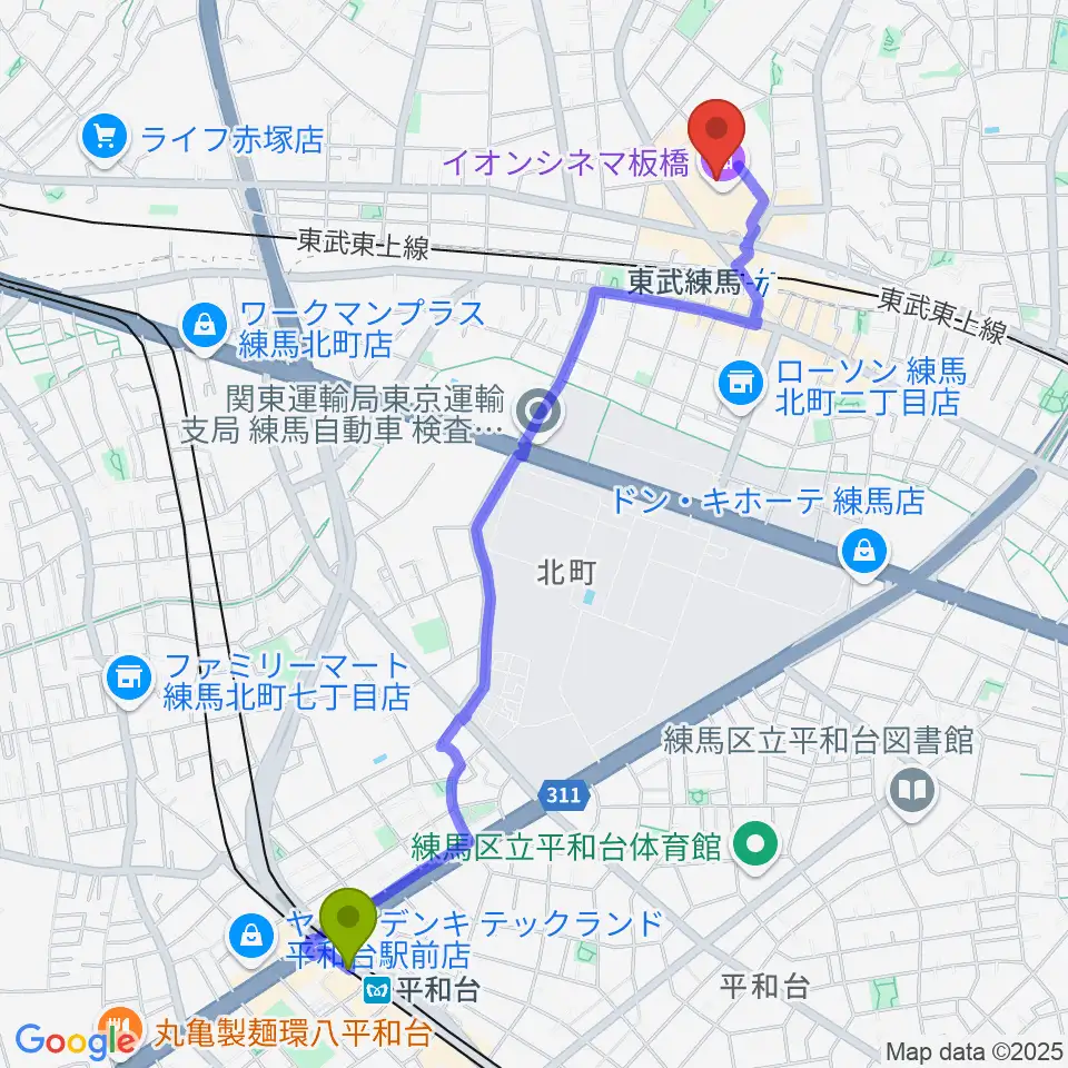 平和台駅からイオンシネマ板橋へのルートマップ地図