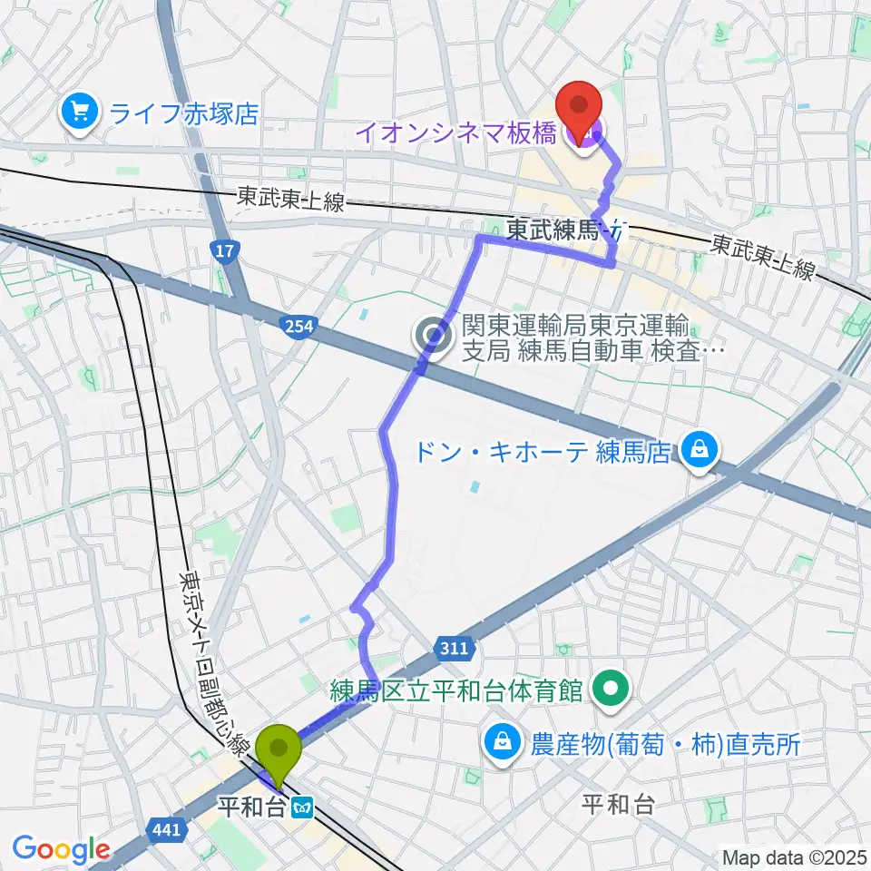 平和台駅からイオンシネマ板橋へのルートマップ地図