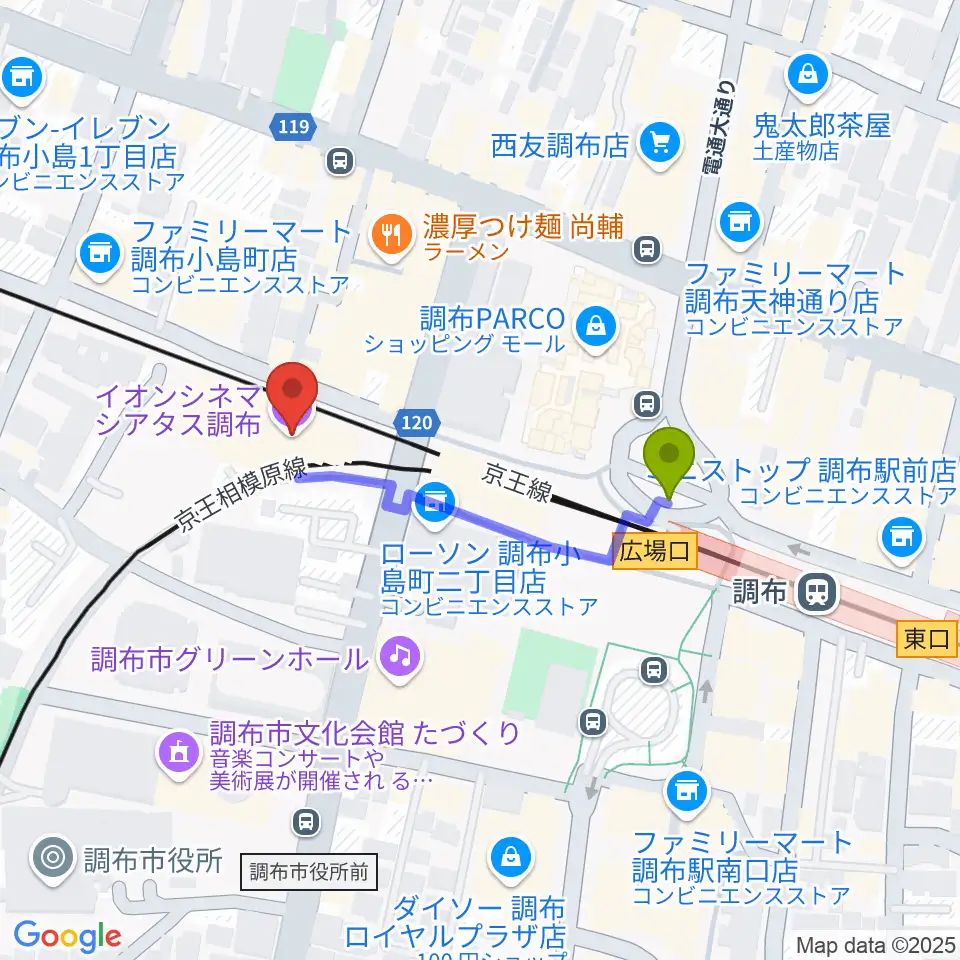 イオンシネマ シアタス調布の最寄駅調布駅からの徒歩ルート（約3分）地図