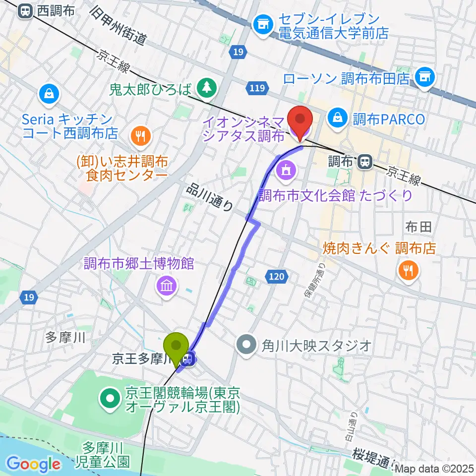 京王多摩川駅からイオンシネマ シアタス調布へのルートマップ地図
