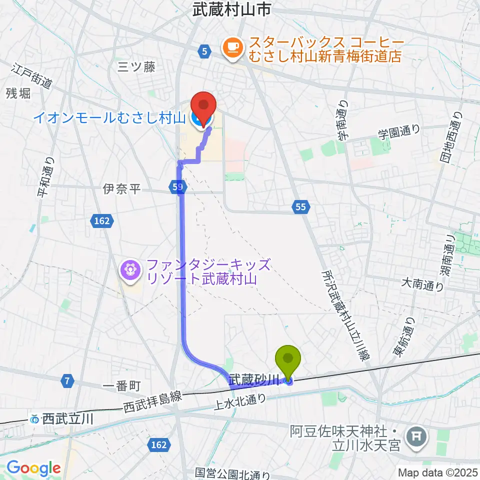 イオンシネマむさし村山の最寄駅武蔵砂川駅からの徒歩ルート（約34分）地図