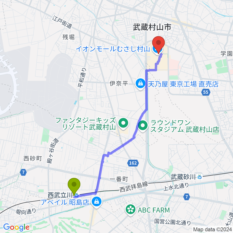 西武立川駅からイオンシネマむさし村山へのルートマップ地図