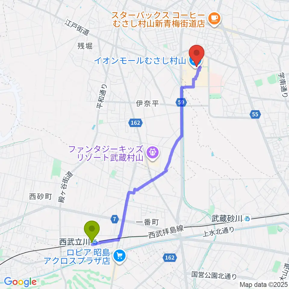 西武立川駅からイオンシネマむさし村山へのルートマップ地図
