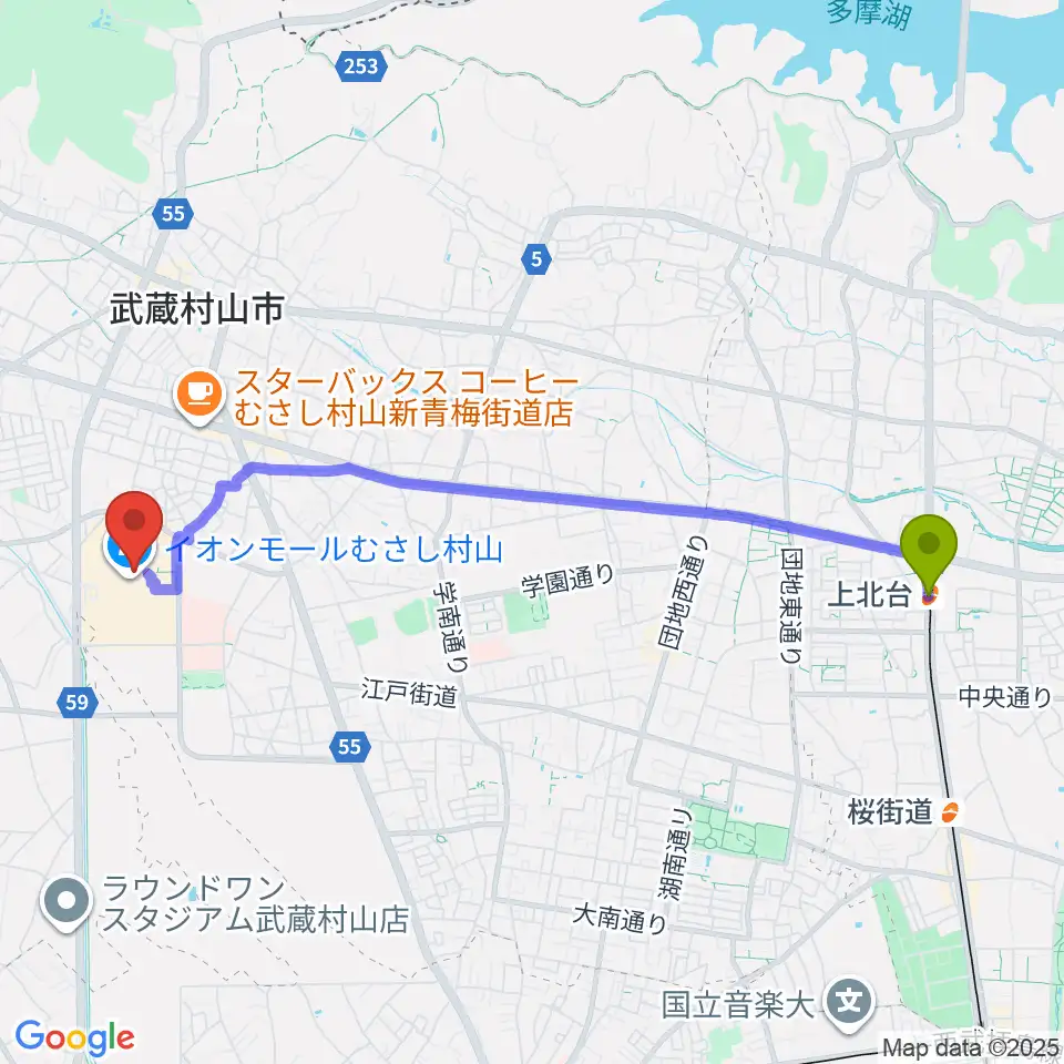 上北台駅からイオンシネマむさし村山へのルートマップ地図