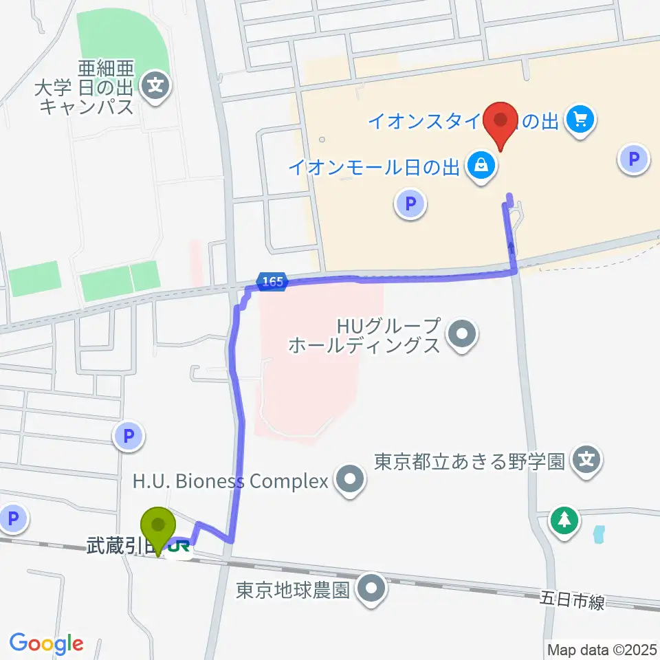 イオンシネマ日の出の最寄駅武蔵引田駅からの徒歩ルート（約12分）地図