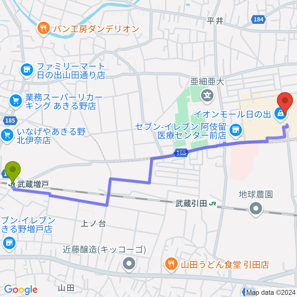 武蔵増戸駅からイオンシネマ日の出へのルートマップ地図