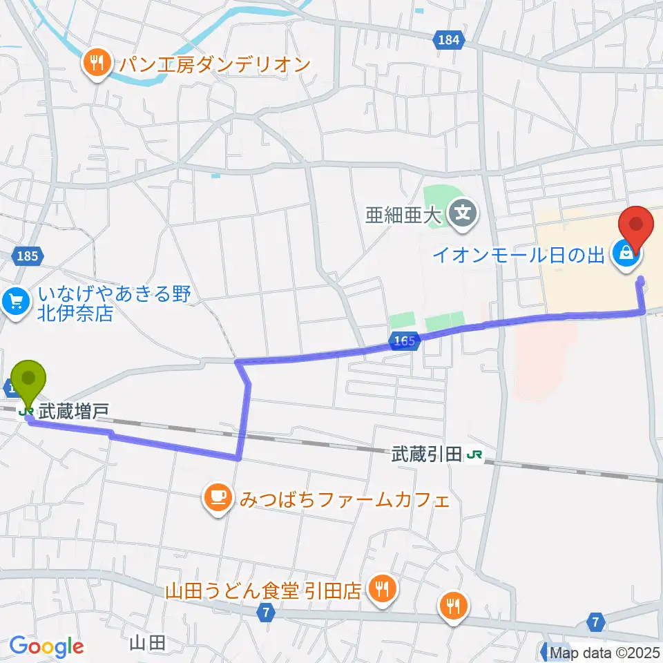 武蔵増戸駅からイオンシネマ日の出へのルートマップ地図
