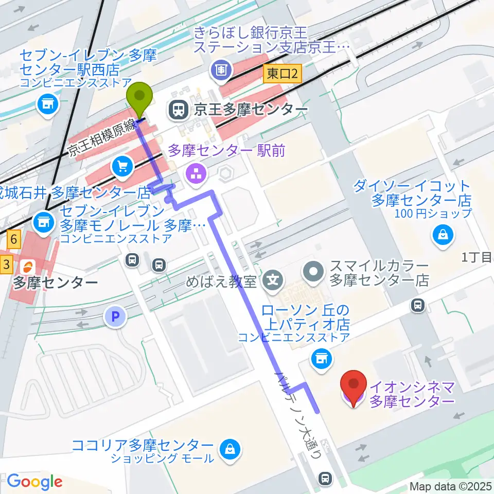 イオンシネマ多摩センターの最寄駅京王多摩センター駅からの徒歩ルート（約6分）地図