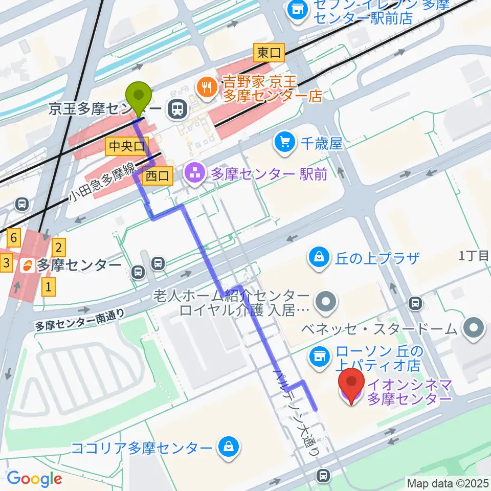 イオンシネマ多摩センターの最寄駅京王多摩センター駅からの徒歩ルート（約6分）地図