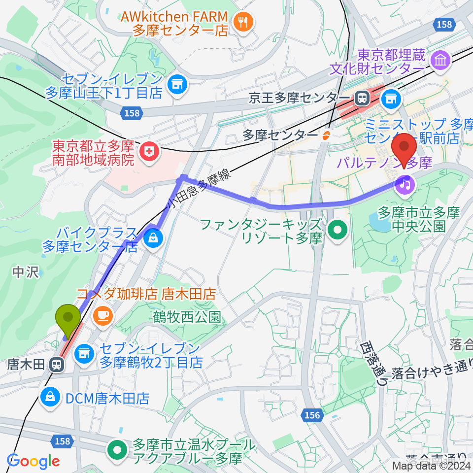 唐木田駅からイオンシネマ多摩センターへのルートマップ地図