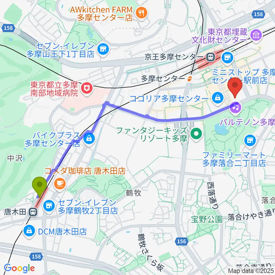 唐木田駅からイオンシネマ多摩センターへのルートマップ地図