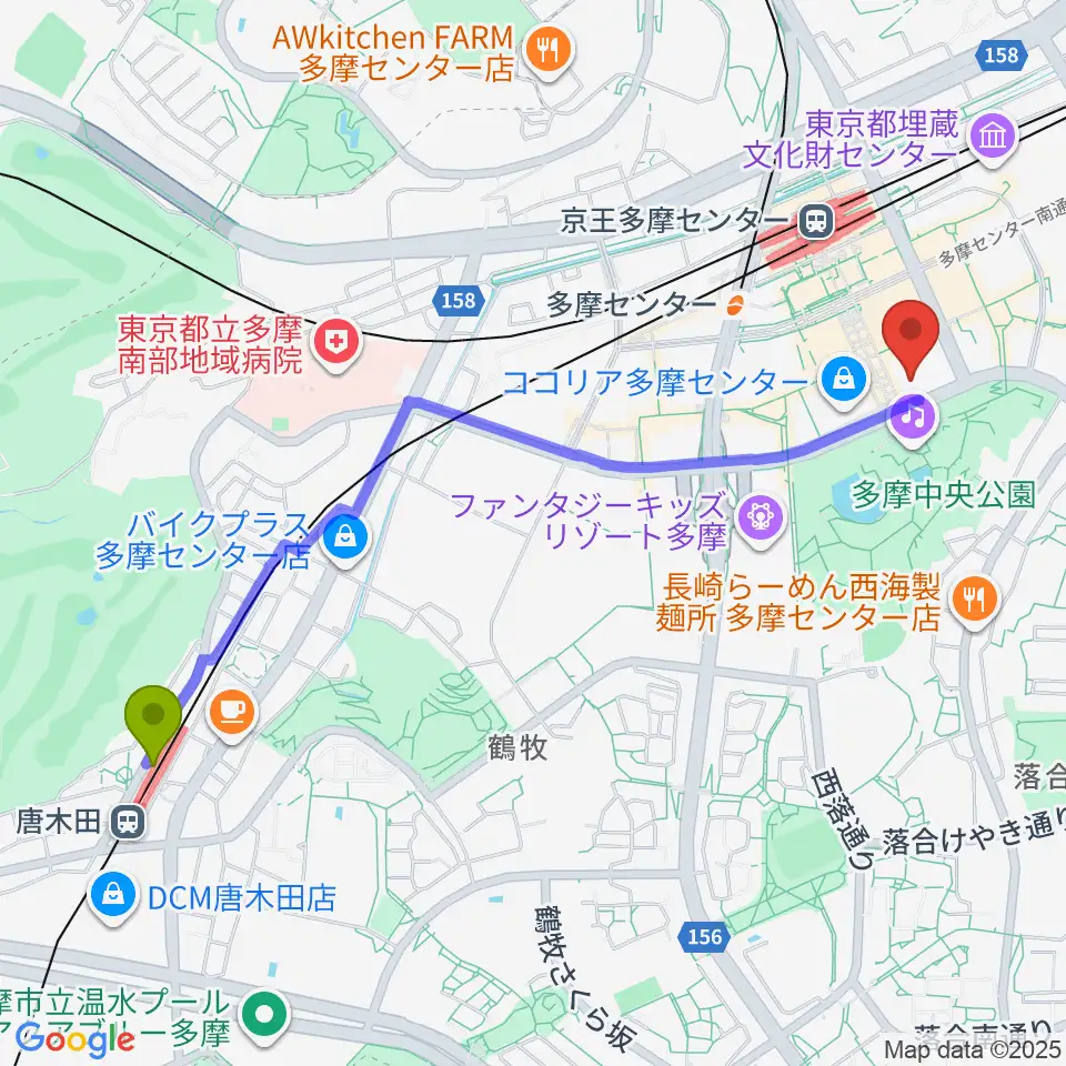唐木田駅からイオンシネマ多摩センターへのルートマップ地図