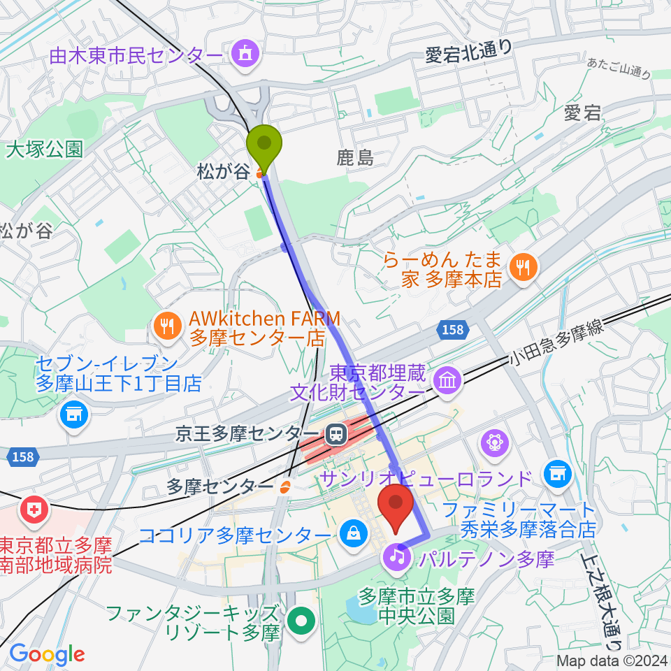 松が谷駅からイオンシネマ多摩センターへのルートマップ地図