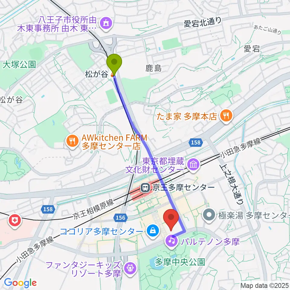 松が谷駅からイオンシネマ多摩センターへのルートマップ地図
