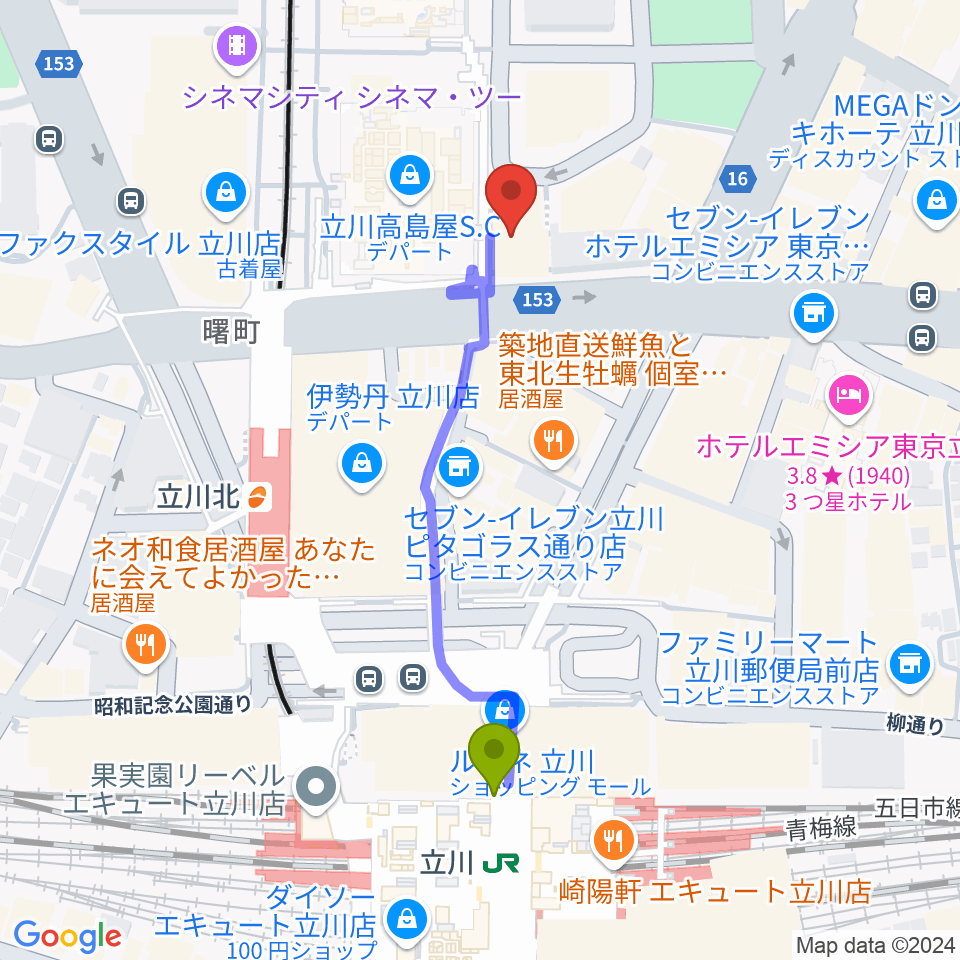 立川駅から立川シネマシティ シネマ・ワンへのルートマップ地図