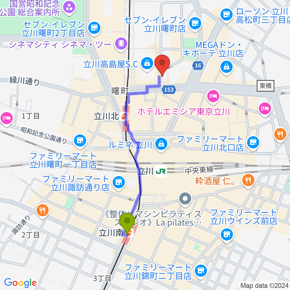 立川南駅から立川シネマシティ シネマ・ワンへのルートマップ地図