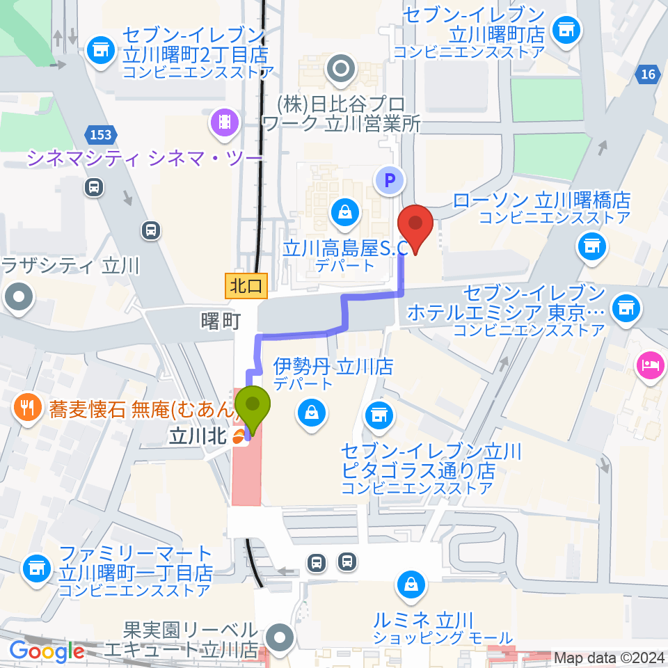 立川シネマシティ シネマ・ワンの最寄駅立川北駅からの徒歩ルート（約3分）地図