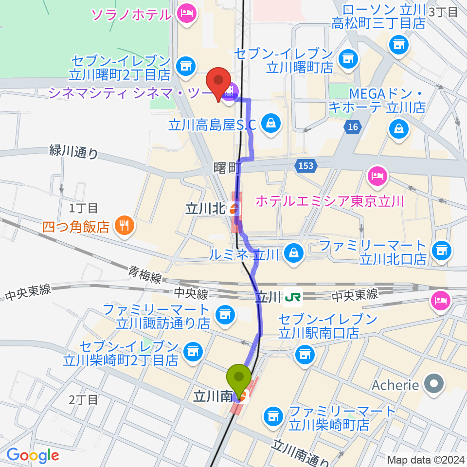 立川南駅から立川シネマシティ シネマ・ツーへのルートマップ地図