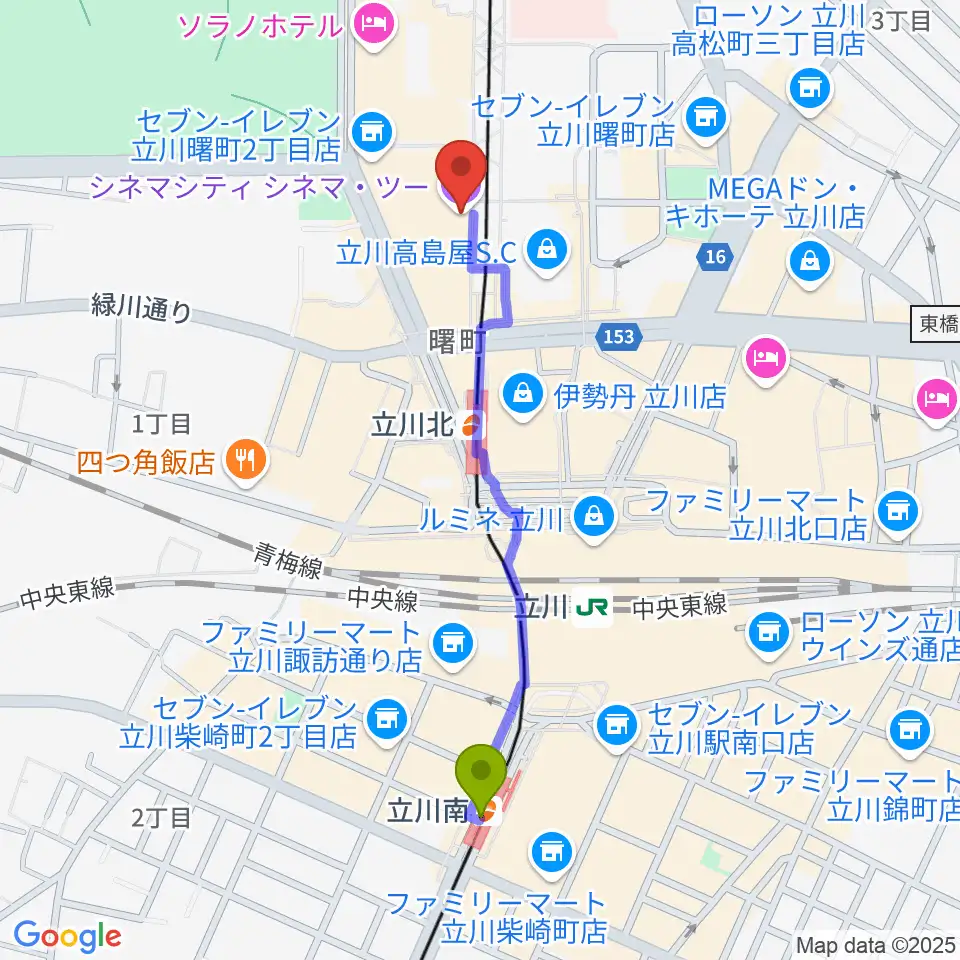 立川南駅から立川シネマシティ シネマ・ツーへのルートマップ地図