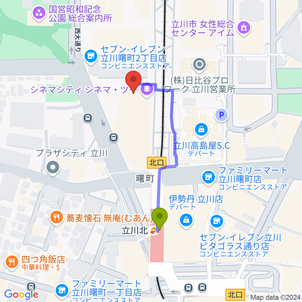 立川シネマシティ シネマ・ツーの最寄駅立川北駅からの徒歩ルート（約4分）地図