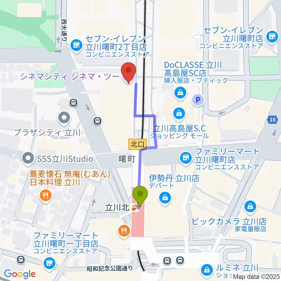 立川シネマシティ シネマ・ツーの最寄駅立川北駅からの徒歩ルート（約3分）地図