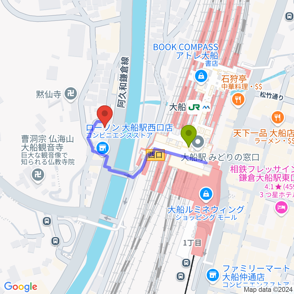 BAR takeyaの最寄駅大船駅からの徒歩ルート（約2分）地図