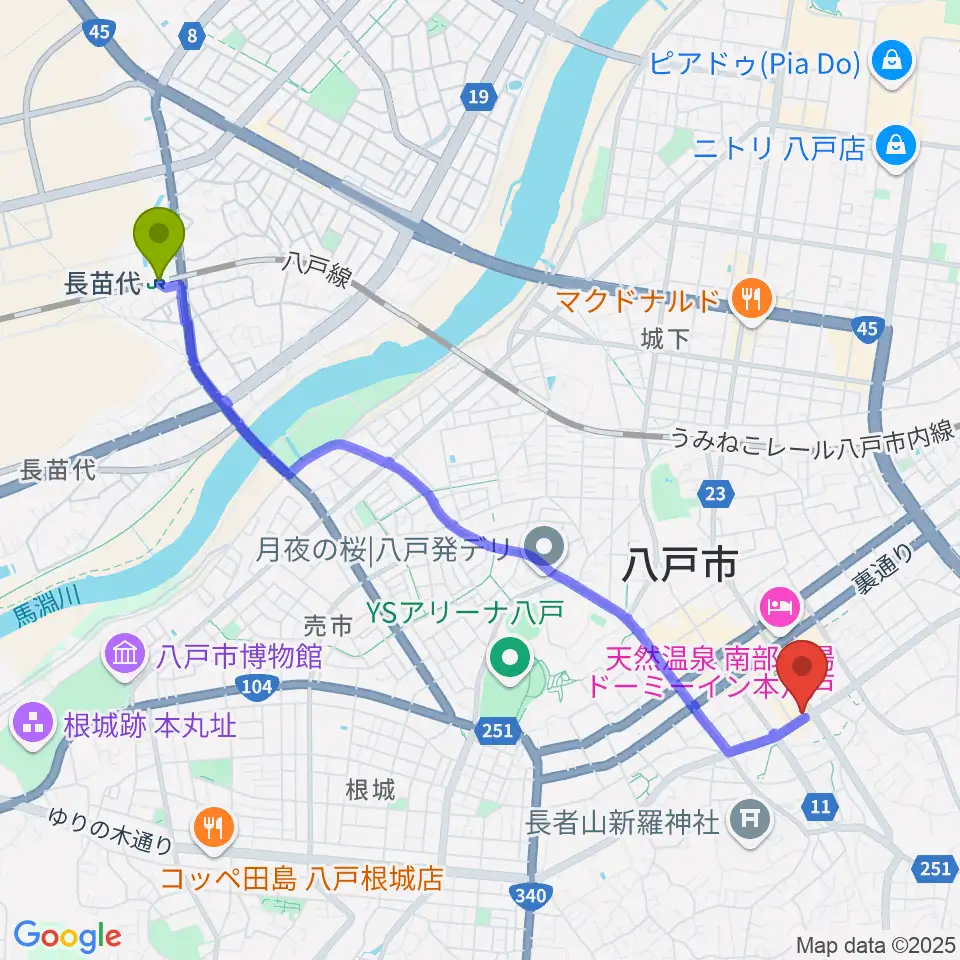 長苗代駅から八戸フォーミーへのルートマップ地図
