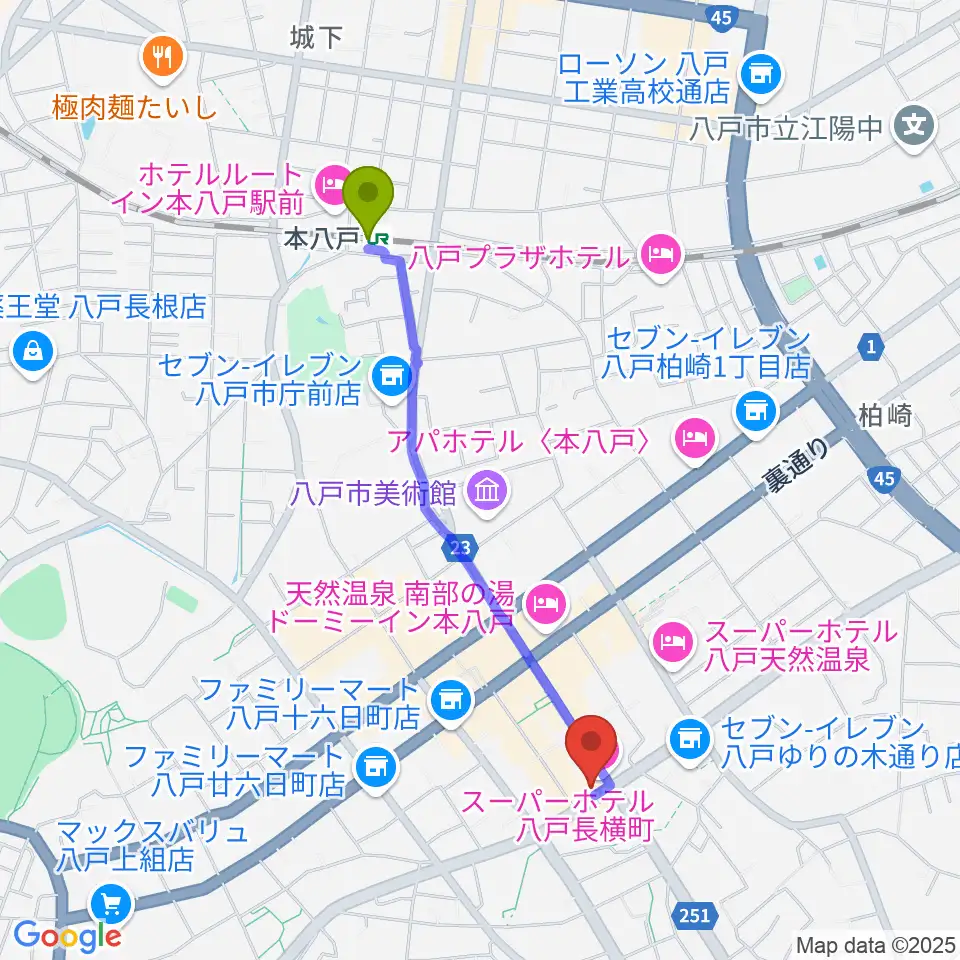 八戸フォーミーの最寄駅本八戸駅からの徒歩ルート（約18分）地図