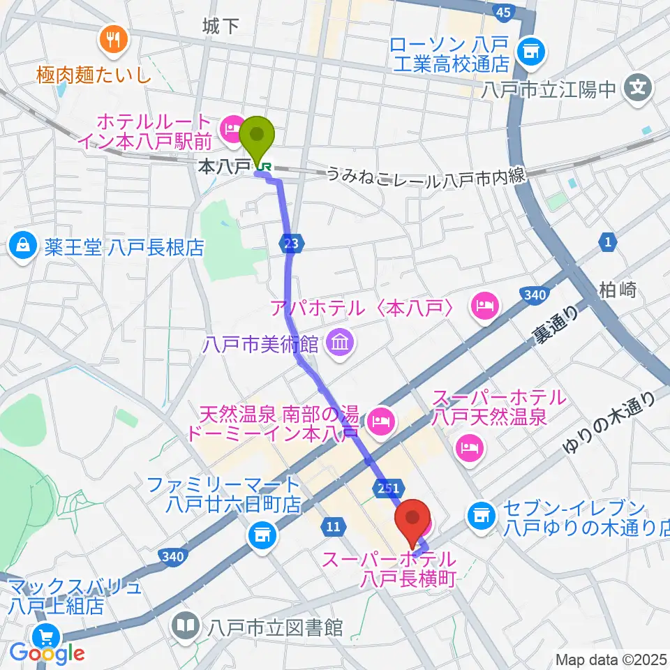 八戸フォーミーの最寄駅本八戸駅からの徒歩ルート（約18分）地図