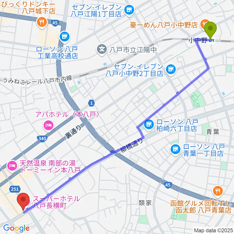 小中野駅から八戸フォーミーへのルートマップ地図