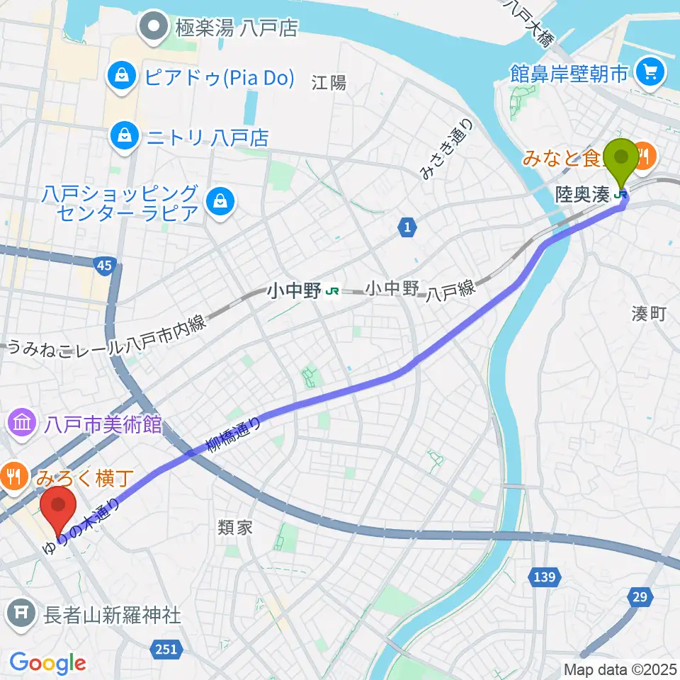 陸奥湊駅から八戸フォーミーへのルートマップ地図