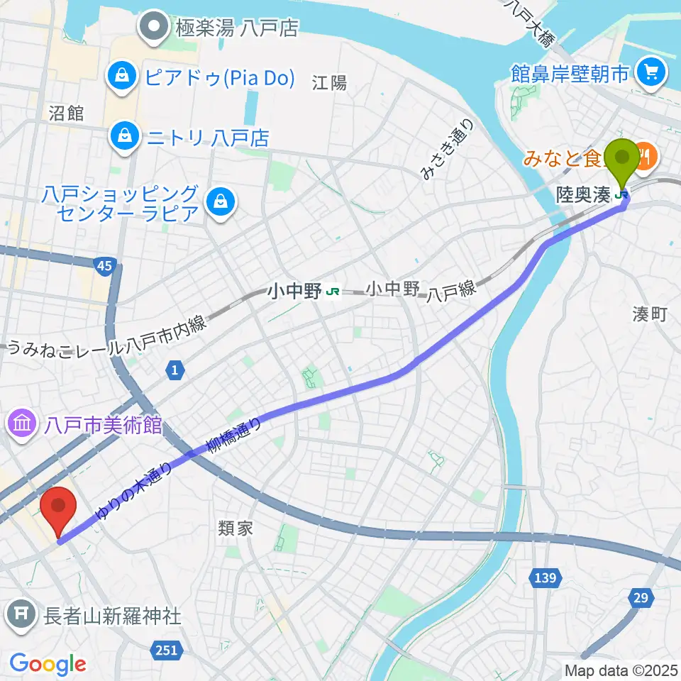 陸奥湊駅から八戸フォーミーへのルートマップ地図
