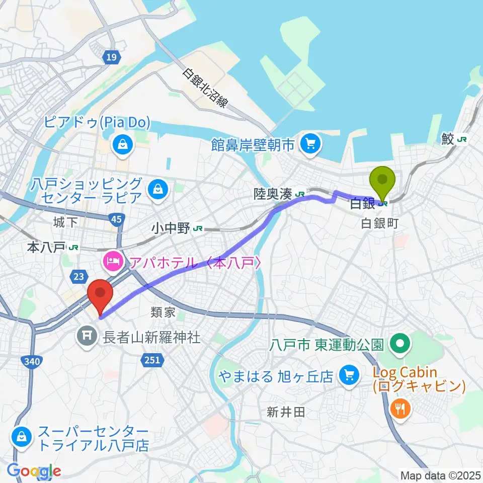 白銀駅から八戸フォーミーへのルートマップ地図