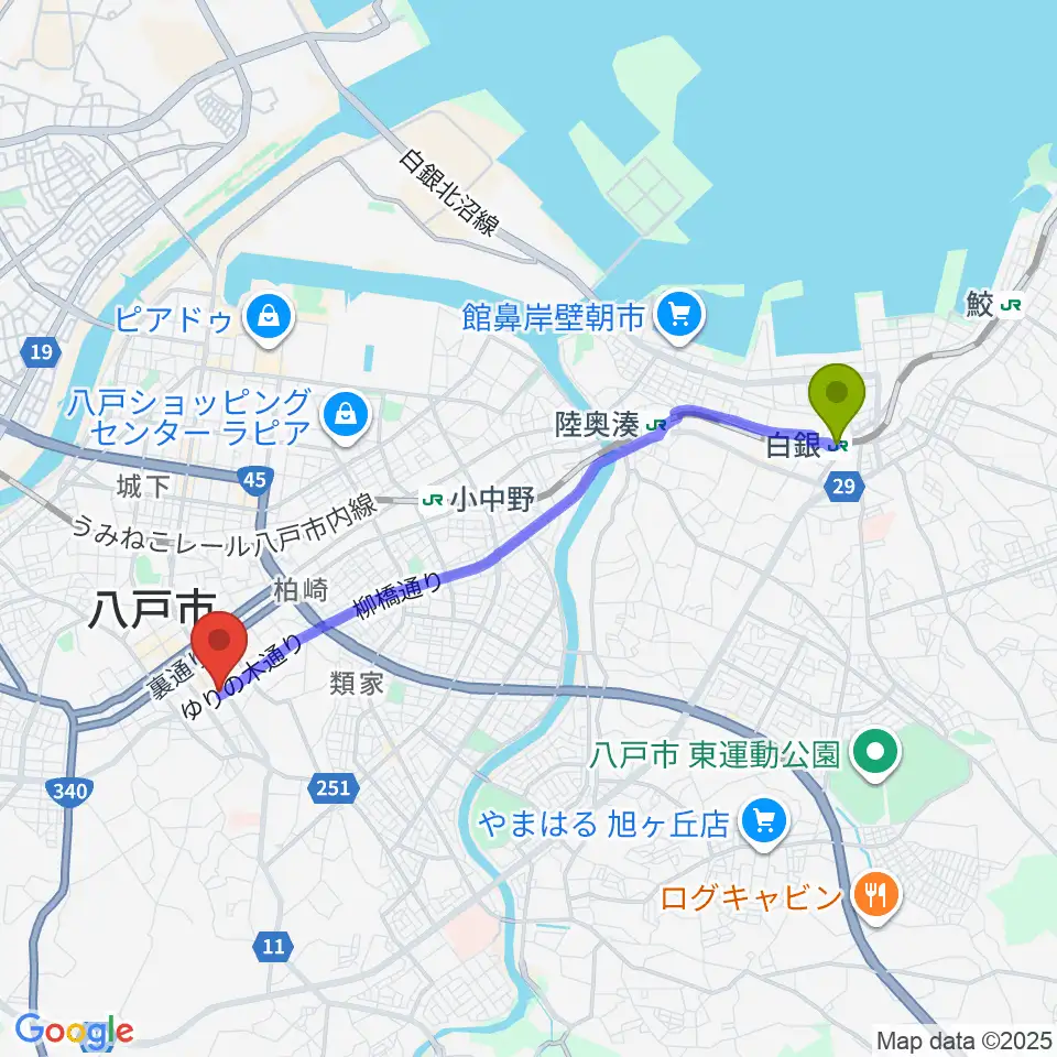白銀駅から八戸フォーミーへのルートマップ地図