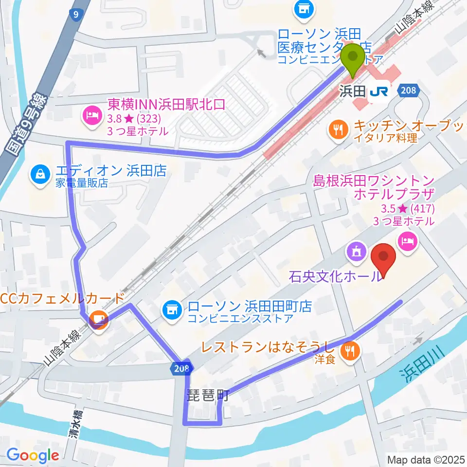 石央文化ホールの最寄駅浜田駅からの徒歩ルート（約3分）地図