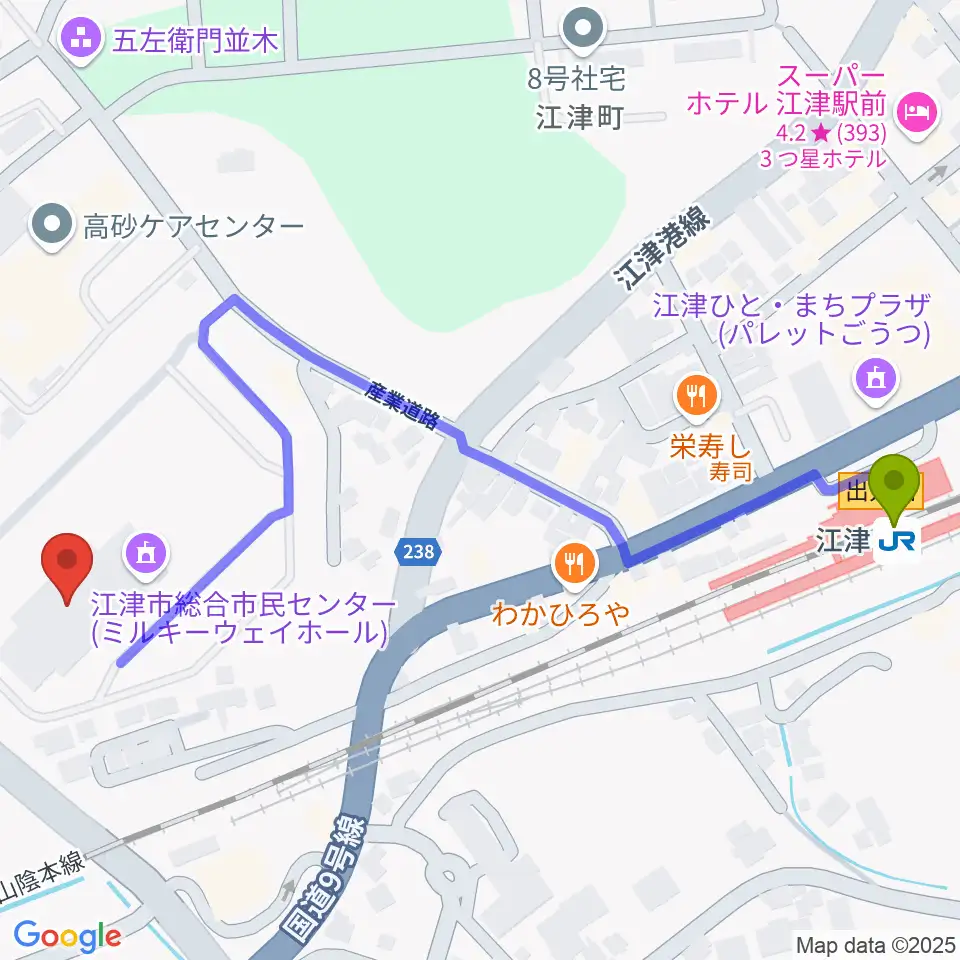 江津市総合市民センターの最寄駅江津駅からの徒歩ルート（約7分）地図