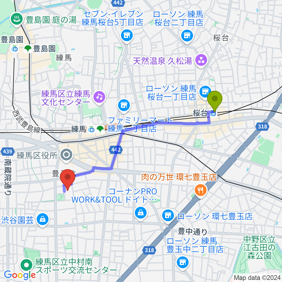 桜台駅から練馬区立生涯学習センターへのルートマップ地図