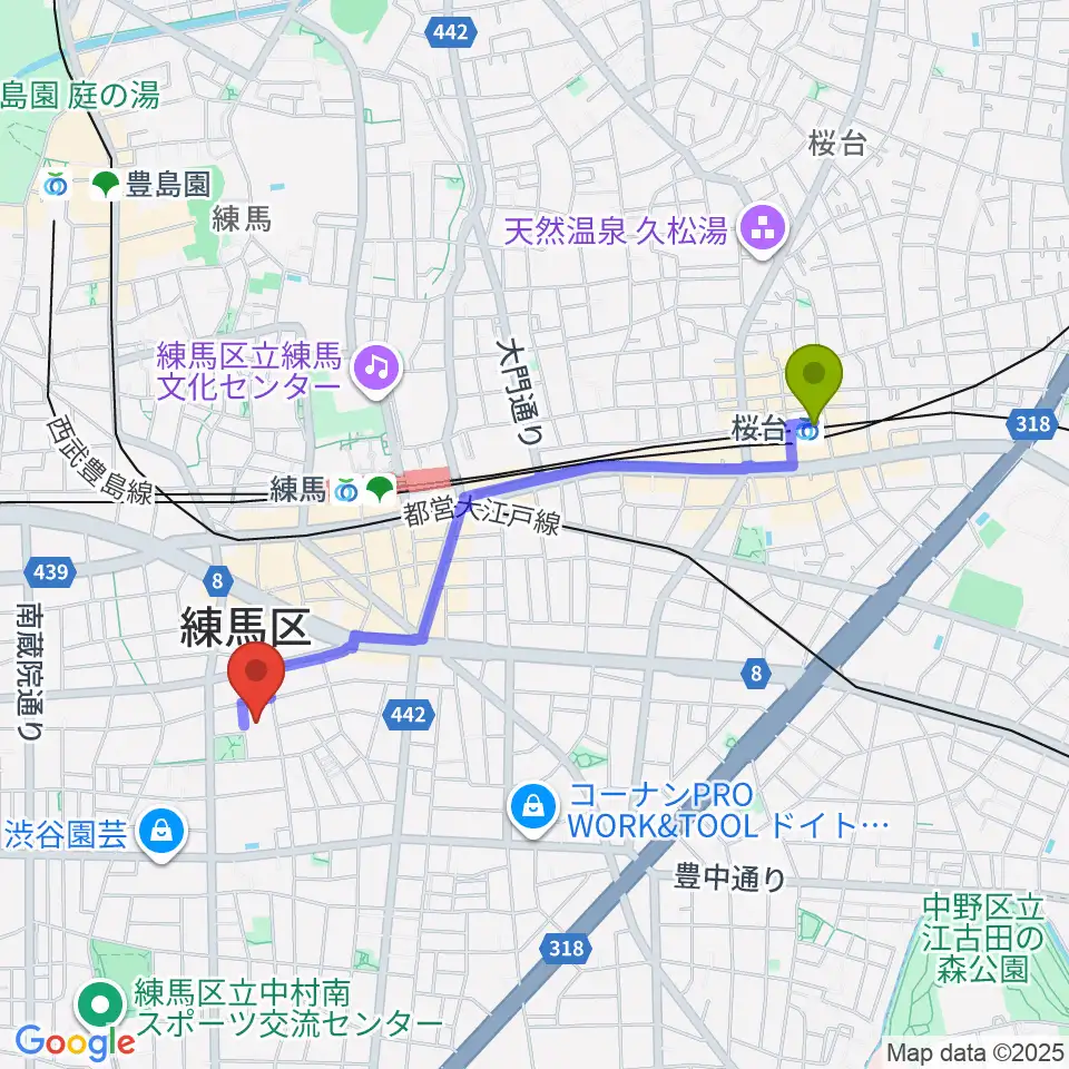 桜台駅から練馬区立生涯学習センターへのルートマップ地図